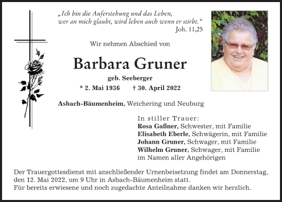 Traueranzeige von Barbara Gruner von Donauwörther Zeitung