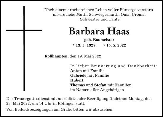 Traueranzeige von Barbara Haas von Günzburger Zeitung