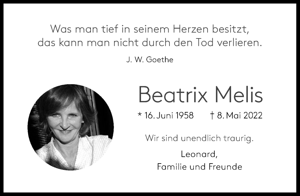  Traueranzeige für Beatrix Melis vom 14.05.2022 aus Landsberger Tagblatt