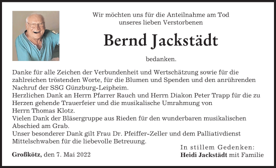 Traueranzeige von Bernd Jackstädt von Günzburger Zeitung