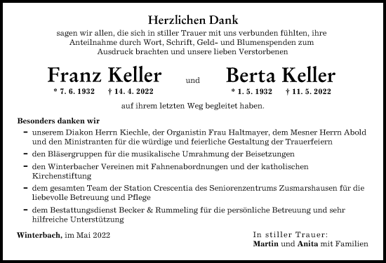 Traueranzeige von Berta Keller von Günzburger Zeitung