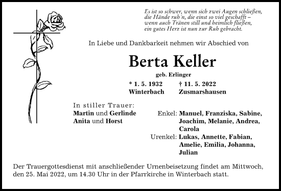 Traueranzeige von Berta Keller von Günzburger Zeitung