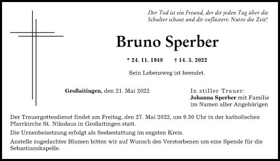 Traueranzeige von Bruno Sperber von Schwabmünchner Allgemeine
