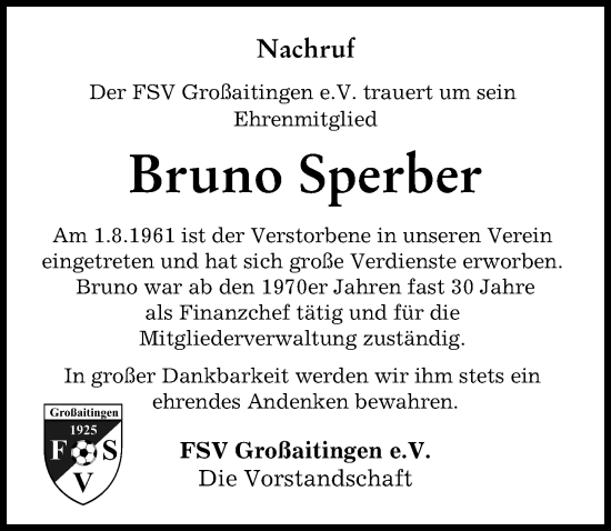Traueranzeige von Bruno Sperber von Schwabmünchner Allgemeine