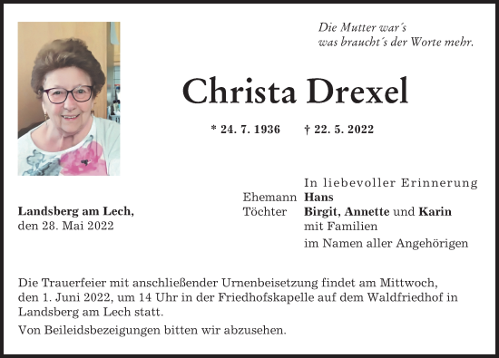 Traueranzeige von Christa Drexel von Landsberger Tagblatt
