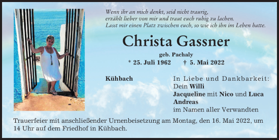 Traueranzeige von Christa Gassner von Aichacher Nachrichten