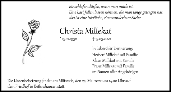 Traueranzeige von Christa Millekat von Illertisser Zeitung