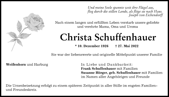 Traueranzeige von Christa Schuffenhauer von Illertisser Zeitung, Donauwörther Zeitung