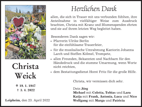 Traueranzeige von Christa Weick von Günzburger Zeitung