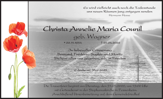 Traueranzeige von Christa Annelie Maria Counil von Rieser Nachrichten