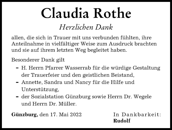 Traueranzeige von Claudia Rothe von Günzburger Zeitung