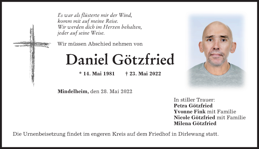  Traueranzeige für Daniel Götzfried vom 28.05.2022 aus Mindelheimer Zeitung
