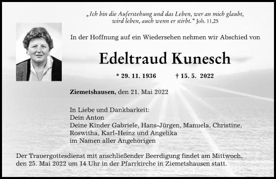 Traueranzeige von Edeltraud Kunesch von Mittelschwäbische Nachrichten