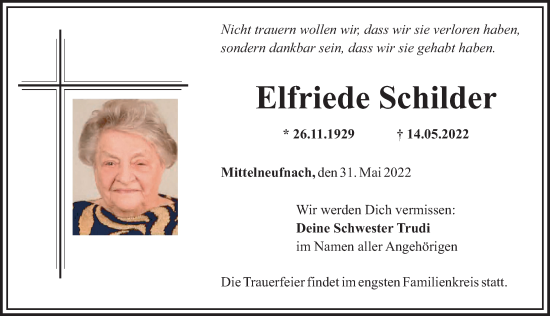 Traueranzeige von Elfriede Schilder von Schwabmünchner Allgemeine
