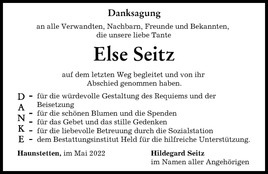 Traueranzeige von Else Seitz von Donauwörther Zeitung, Augsburger Allgemeine