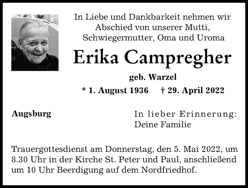  Traueranzeige für Erika Campregher vom 03.05.2022 aus Augsburger Allgemeine