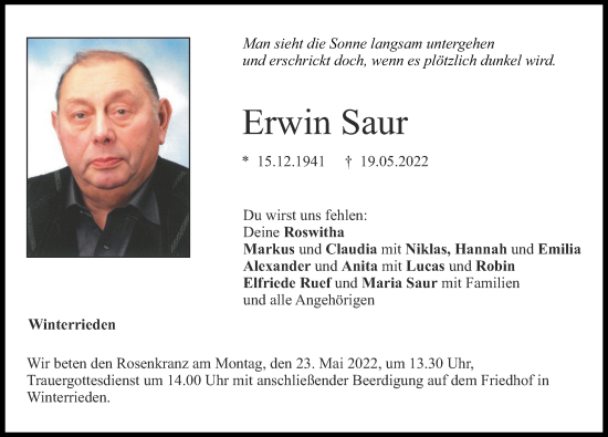 Traueranzeige von Erwin Saur von Augsburger Allgemeine, Illertisser Zeitung