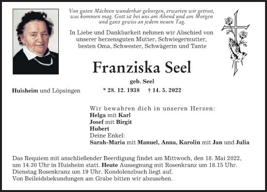 Traueranzeige von Franziska Seel von Donauwörther Zeitung