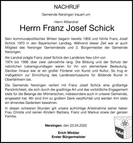 Traueranzeige von Franz Josef Schick von Neu-Ulmer Zeitung