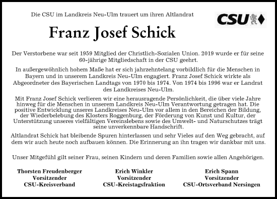Traueranzeige von Franz Josef Schick von Illertisser Zeitung, Neu-Ulmer Zeitung