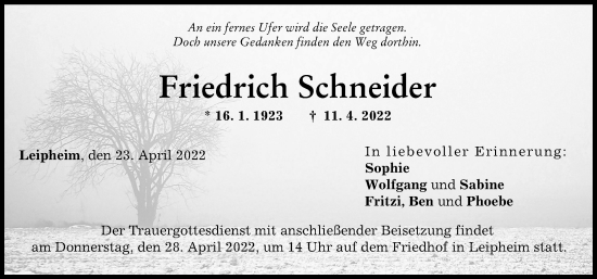 Traueranzeige von Friedrich Schneider von Günzburger Zeitung