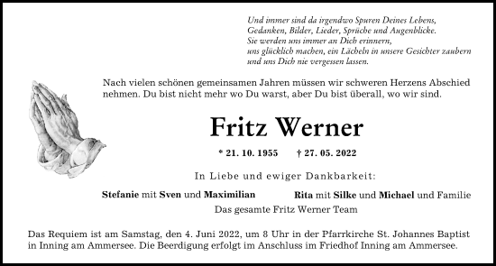 Traueranzeige von Fritz Werner von Landsberger Tagblatt