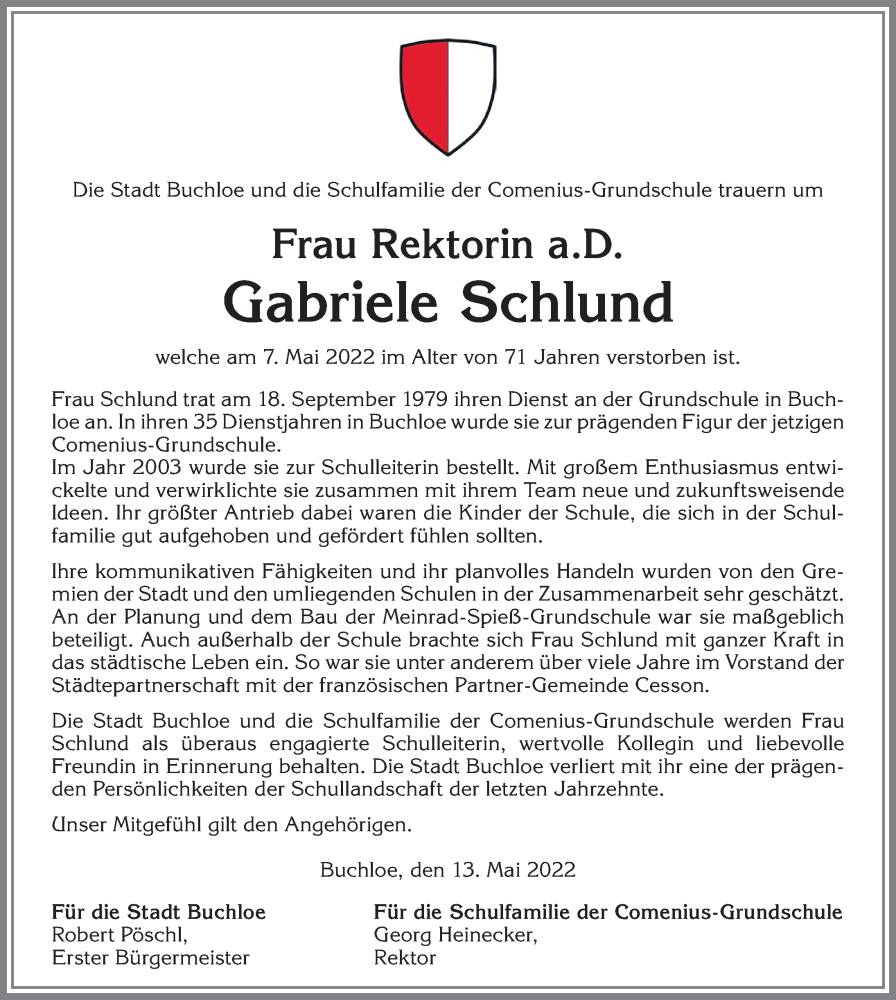  Traueranzeige für Gabriele Schlund vom 13.05.2022 aus Mindelheimer Zeitung, Landsberger Tagblatt, Augsburger Allgemeine