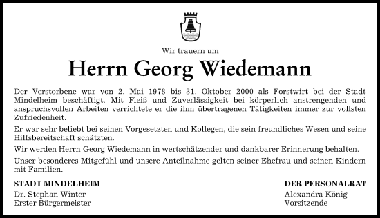Traueranzeige von Georg Wiedemann von Mindelheimer Zeitung