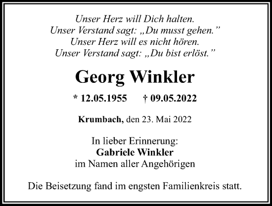 Traueranzeige von Georg Winkler von Mittelschwäbische Nachrichten