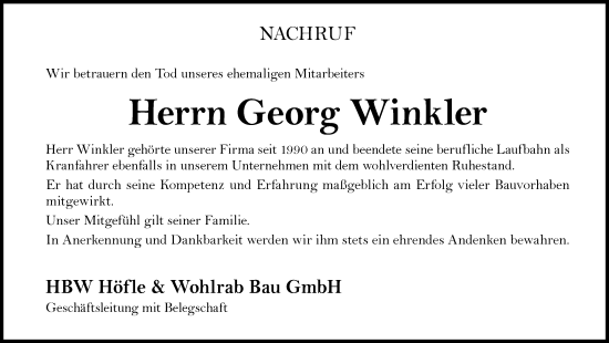 Traueranzeige von Georg Winkler von Mittelschwäbische Nachrichten