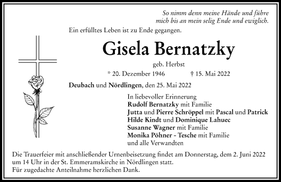Traueranzeige von Gisela Bernatzky von Augsburg-Land