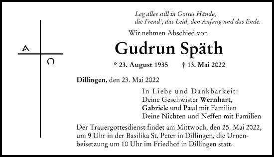 Traueranzeige von Gudrun Späth von Donau Zeitung