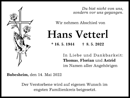 Traueranzeige von Hans Vetterl von Günzburger Zeitung