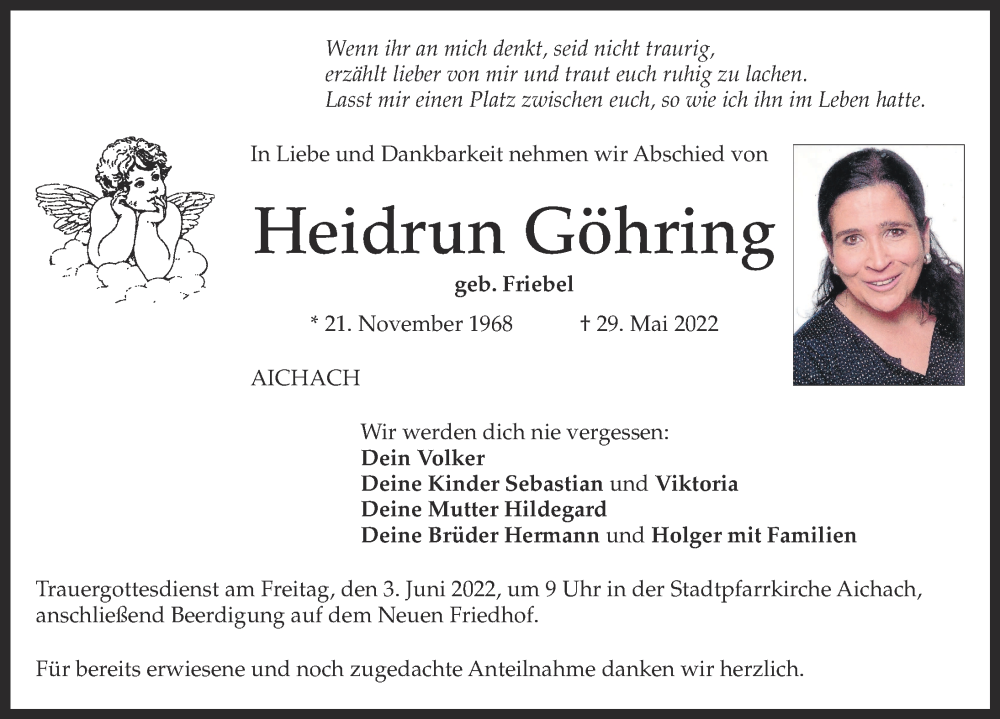  Traueranzeige für Heidrun Göhring vom 01.06.2022 aus Aichacher Nachrichten