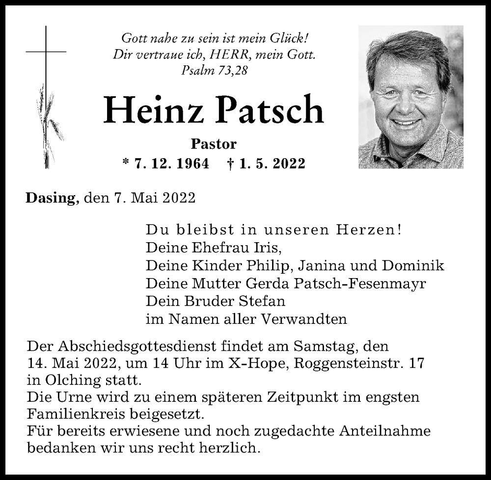  Traueranzeige für Heinz Patsch vom 07.05.2022 aus Friedberger Allgemeine