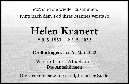 Traueranzeige von Helen Kranert von Schwabmünchner Allgemeine