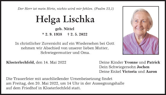 Traueranzeige von Helga Lischka von Schwabmünchner Allgemeine