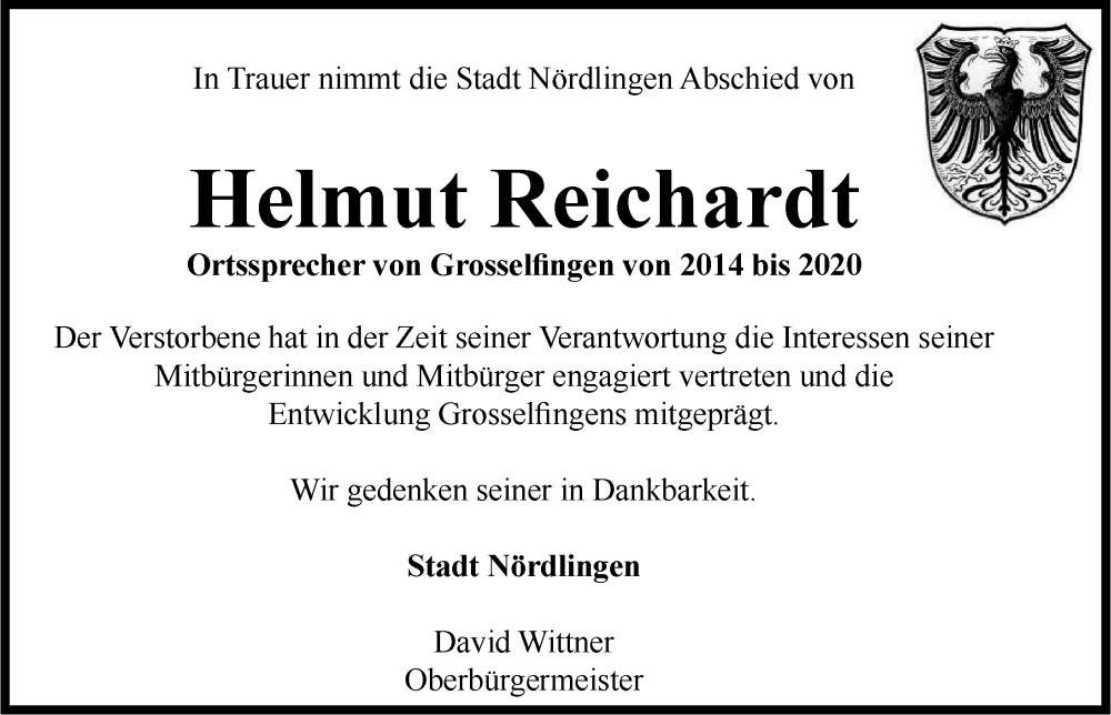  Traueranzeige für Helmut Reichardt vom 23.04.2022 aus Rieser Nachrichten