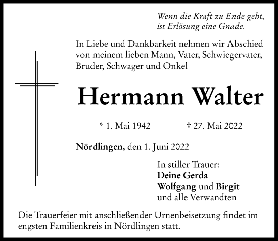 Traueranzeige von Hermann Walter von Rieser Nachrichten
