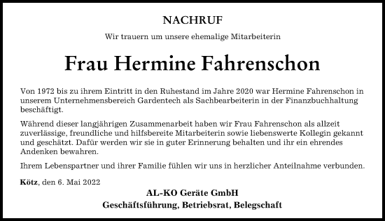 Traueranzeige von Hermine Fahrenschon von Günzburger Zeitung