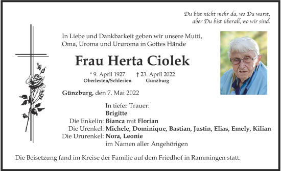 Traueranzeige von Herta Ciolek von Mindelheimer Zeitung