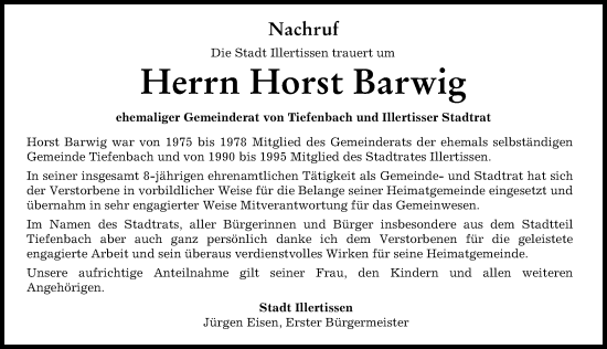 Traueranzeige von Horst Barwig von Illertisser Zeitung
