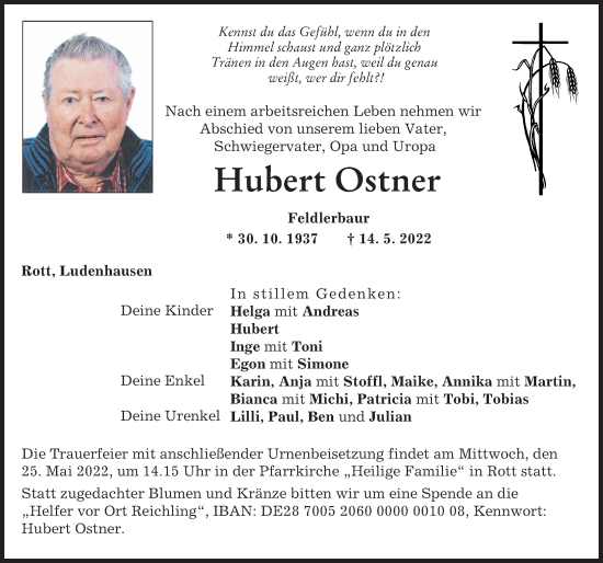 Traueranzeige von Hubert Ostner von Landsberger Tagblatt
