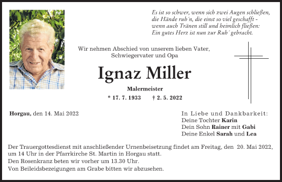 Traueranzeige von Ignaz Miller von Augsburg-Land