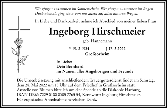 Traueranzeige von Ingeborg Hirschmeier von Rieser Nachrichten