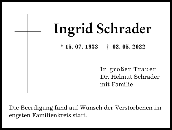 Traueranzeige von Ingrid Schrader von Augsburger Allgemeine