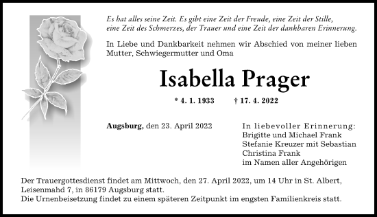 Traueranzeige von Isabella Prager von Augsburger Allgemeine