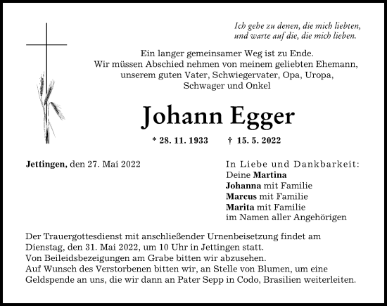 Traueranzeige von Johann Egger von Günzburger Zeitung