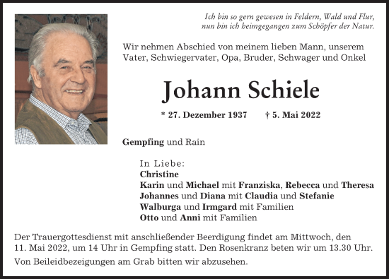 Traueranzeige von Johann Schiele von Neuburger Rundschau