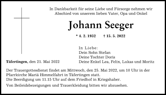 Traueranzeige von Johann Seeger von Augsburger Allgemeine